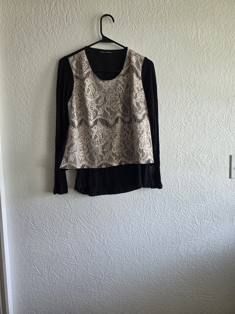 Nuria Farres Black Long-Sleeve Tee with Cream Lace Overlay
